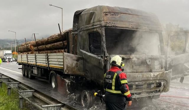 Aydın-İzmir Otoyolu’nda korkutan yangın: Tomruk yüklü tır küle döndü