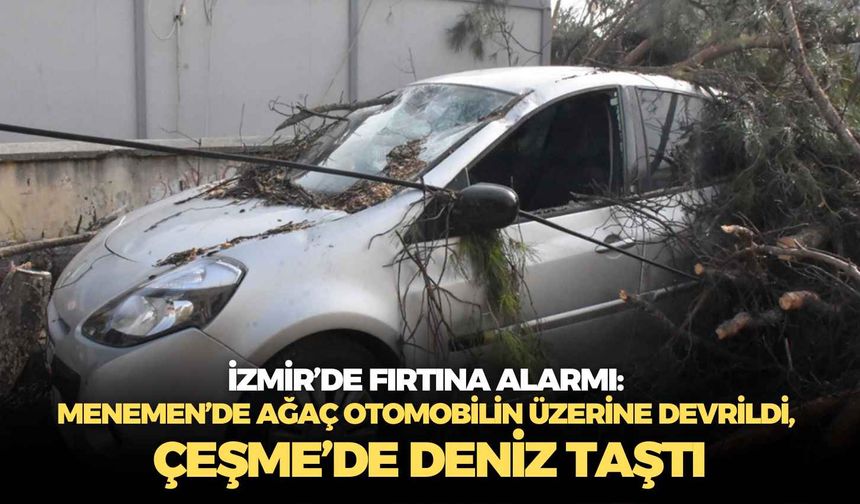 İzmir’de fırtına etkisi: Menemen’de ağaç otomobilin üzerine devrildi, Çeşme’de deniz taştı