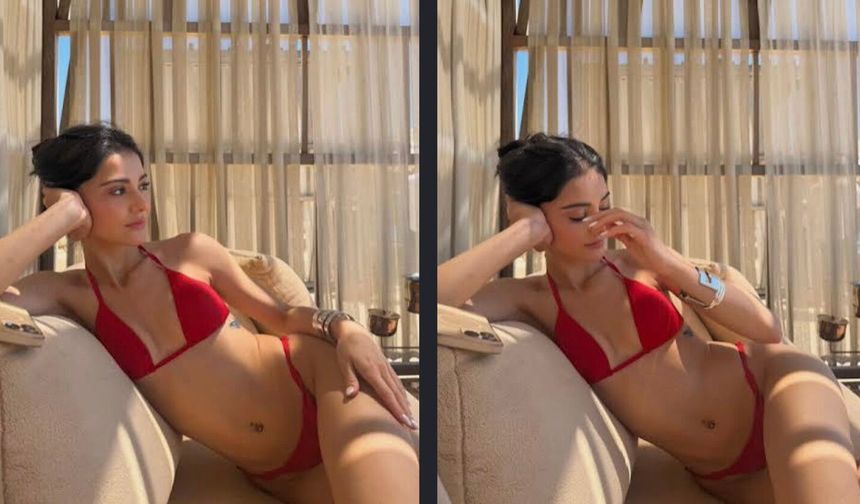Kırmızı bikinili Helin Kandemir'in tatil pozlarıyla sosyal medya alev aldı