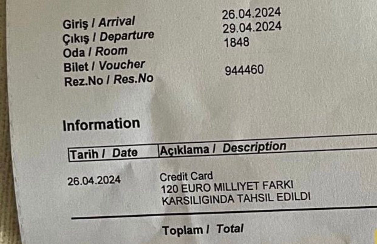 İngiliz web sitesinden rezervasyon yapan müşteriye Türk olduğu anlaşılınca 129 Euro'luk 'bedel'