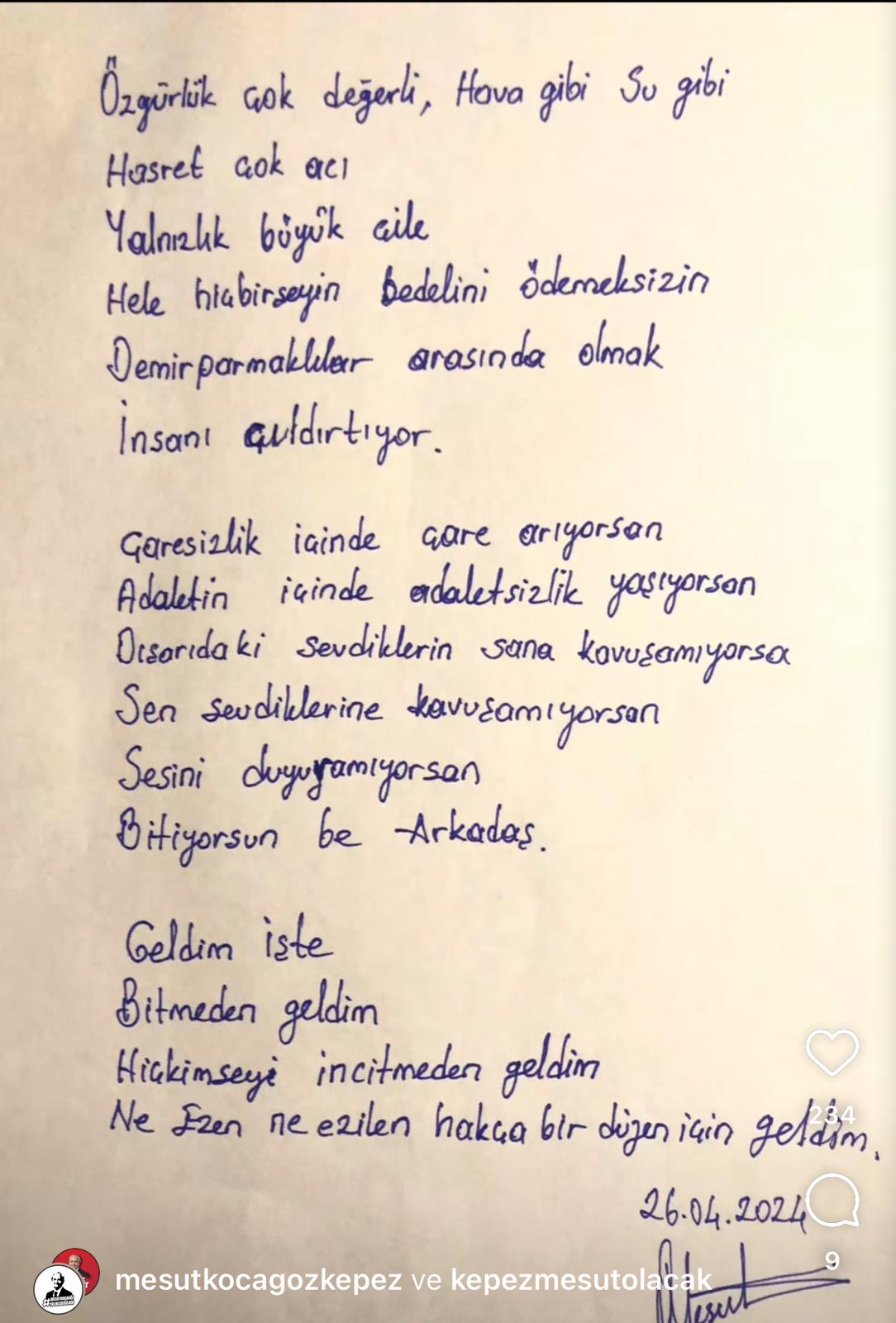 İşte Mesut Kocagöz'ün mektubu...