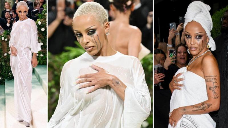 Eylemleri ve söylemleriyle sürekli gündemde olan şarkıcı ve rapçi Doja Cat ilk başta havlulara sarınarak geldiği galada daha sonra ıslak transparan elbisesiyle yine şaşırttı.