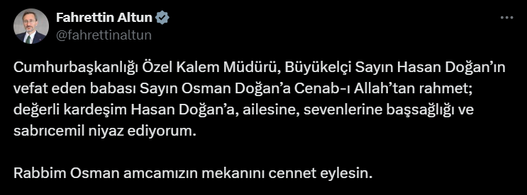 Cumhurbaşkanlığı İletişim Başkanı Fahrettin Altun'dan taziye mesajı