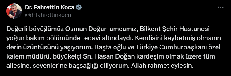 Sağlık Bakanı Dr. Fahrettin Koca'dan taziye mesajı