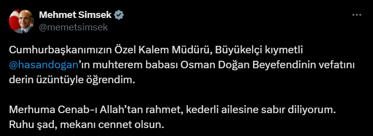 Hazine ve Maliye Bakanı Mehmet Şimşek taziye mesajını iletti