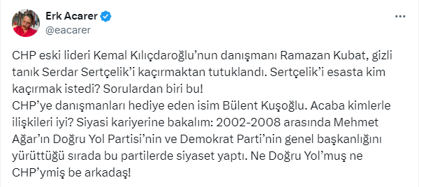 Erk Acarer, Mehmet Ağar'ın liderliğindeki Dopru Yol Partisi'ne dikkat çekti...