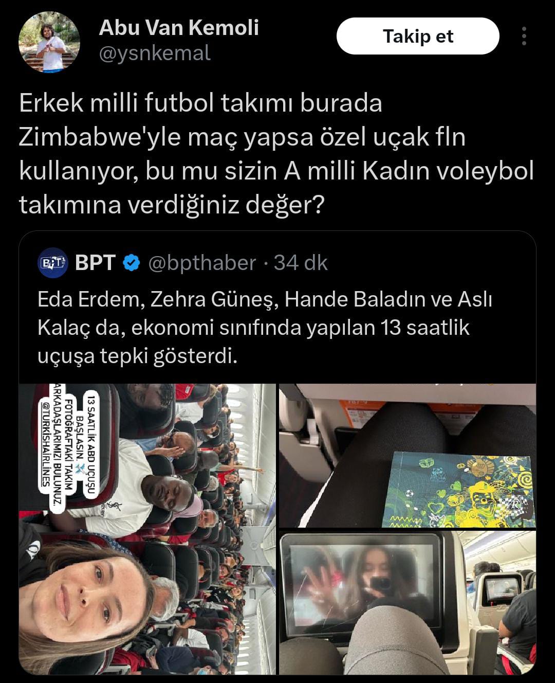 Erkek milli futbol takımı burada Zimbabwe'yle maç yapsa özel uçak fln kullanıyor, bu mu sizin A milli Kadın voleybol takımına verdiğiniz değer?