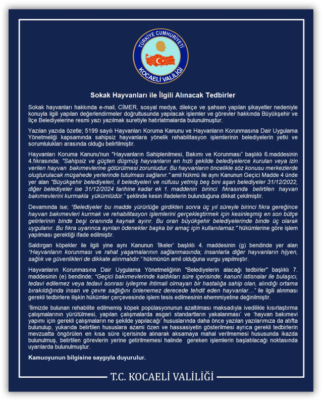Kocaeli Valiliği Sokak Köpeği Açıklaması