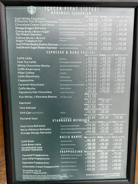 Starbucks fiyat listesi