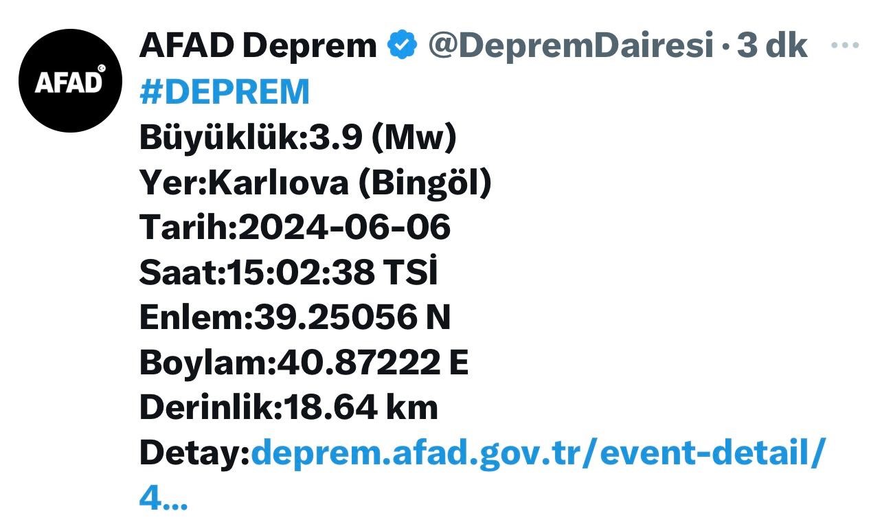 SON DAKİKA| Bingöl'de 3.9 büyüklüğünde deprem meydana geldi!