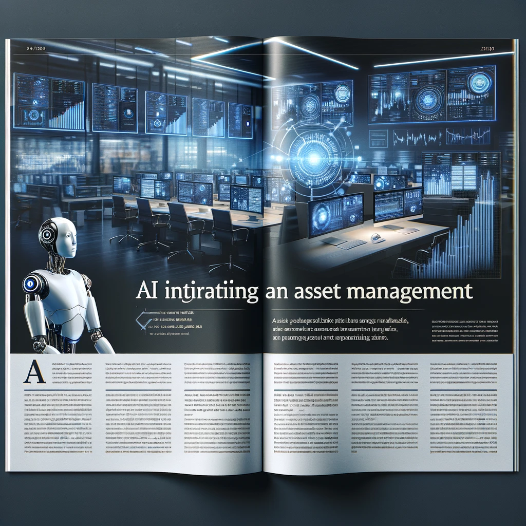 Dall·e 2024 06 02 21.57.15 A News Article Layout Depicting The Integration Of Ai In Asset Management. The Top Half Of The Image Shows An Article Headline With Subtitle In Elegan