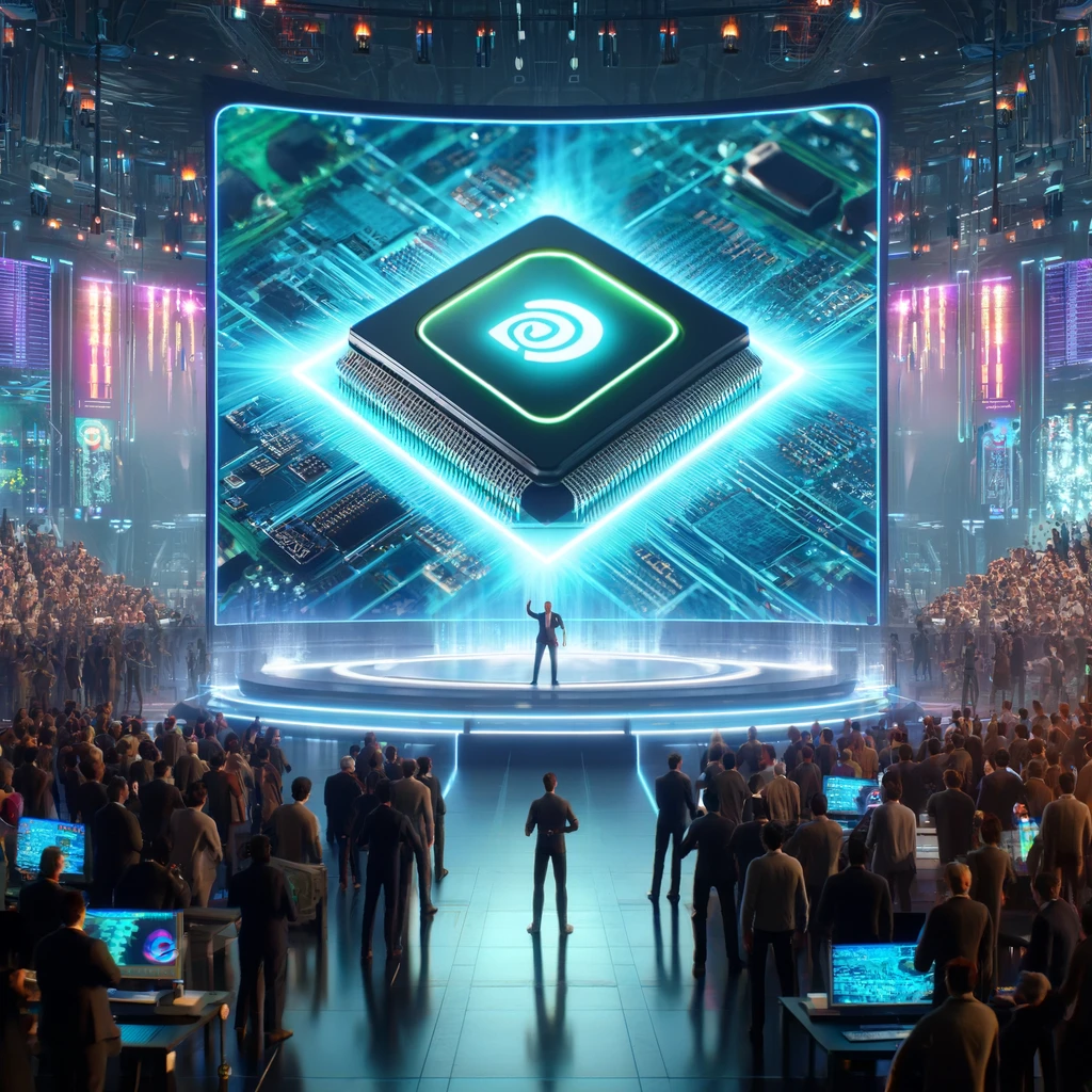 Dall·e 2024 06 02 22.14.44 A Futuristic Tech Conference Scene With A Large, Vibrant Display Announcing The New 'Rubin' Ai Chip By Nvidia. The Display Is Surrounded By Excited At