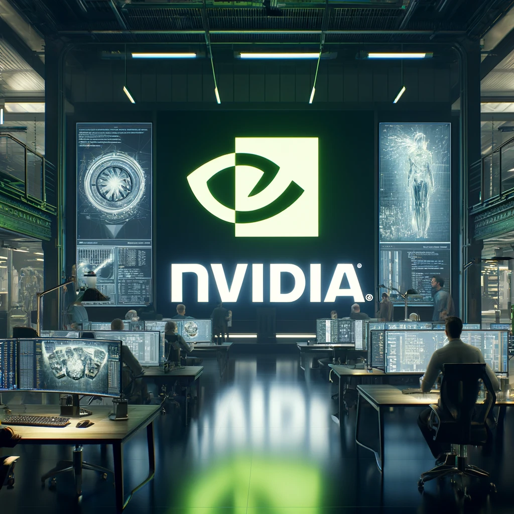 Dall·e 2024 06 02 22.24.08 A High Tech Corporate Environment Featuring Nvidia's Branding. The Scene Includes A Large Nvidia Logo Prominently Displayed In A Modern Office Setting