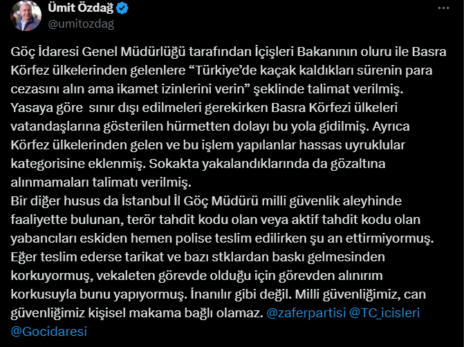 Ümit Özdağ'ın sosyal medya paylaşımı