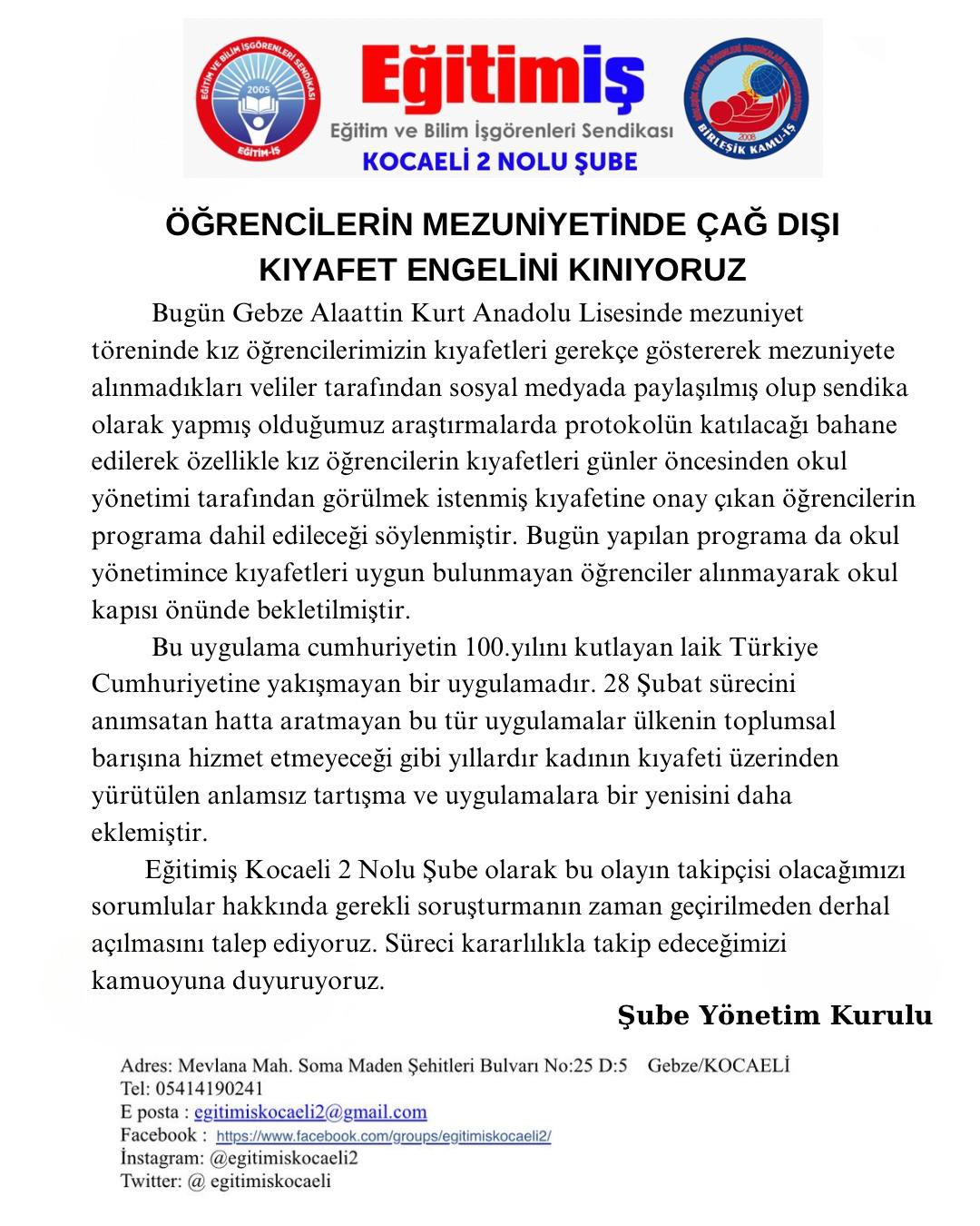 Eğitim-İş Sendikası: Çağ dışı kıyafet engelini kınıyoruz!"