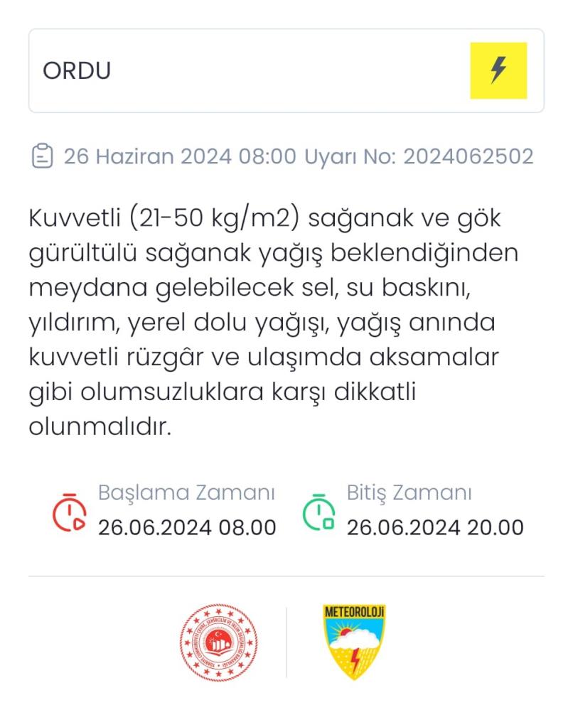 Aşırı yağışlara karşı dikkatli olunması gerektiğine dikkat çekilen uyarıda, “Kuvvetli sağanak ve gök gürültülü sağanak yağışların (metrekareye 21-60 kilogram) olarak düşmesi tahmin ediliyor. Sel, su baskını, yıldırım, yerel dolu yağışı, yerel kuvvetli rüzgar ve ulaşımda aksamalar gibi olumsuzluklara karşı dikkatli olunmalıdır” ifadelerine yer verildi.