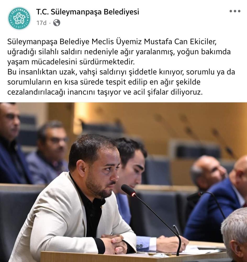 Süleymanpaşa Belediyesi'nden yapılan açıklamada, "Bu insanlıktan uzak, vahşi saldırıyı şiddetle kınıyor, sorumlu ya da sorumluların en kısa sürede tespit edilip en ağır şekilde cezalandırılacağı inancını taşıyor ve Ekiciler'e acil şifalar diliyoruz" ifadelerine yer verildi.