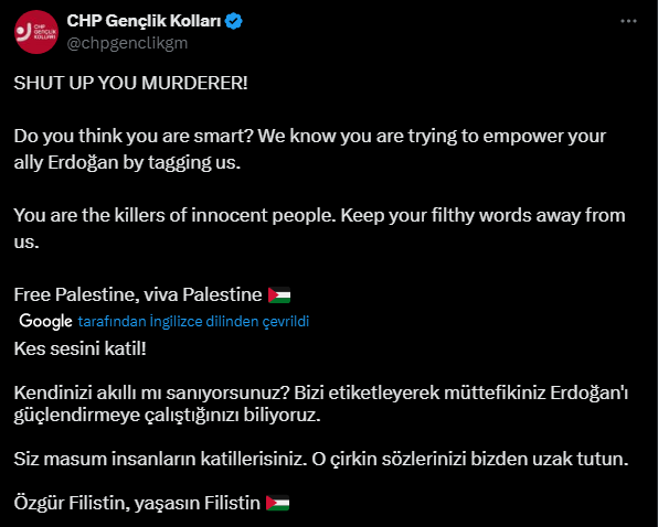 CHP Gençlik Kolları: Özgür Filistin, yaşasın Filistin!