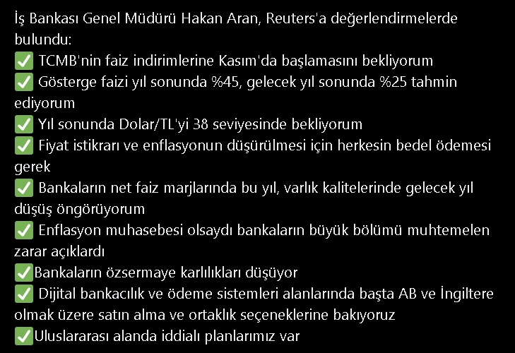 İş Bankası Genel Müdürü Hakan Aran, Reuters'a yaptığı açıklamalarda Türkiye Cumhuriyet Merkez Bankası'nın (TCMB) gelecekteki faiz indirimleri ve ekonomik beklentileri hakkında önemli bilgiler verdi.