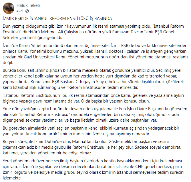 "İzmir kayyumunun ilk resmi ataması yapılmış oldu"