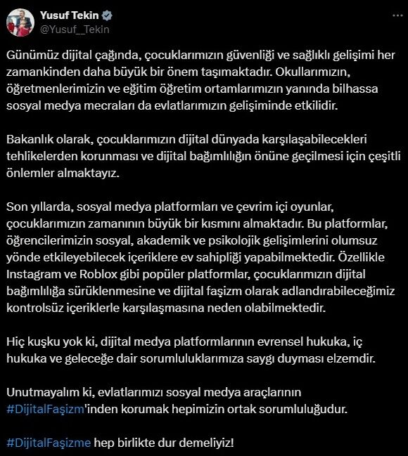 Milli Eğitim Bakanı Yusuf Tekin'den Instagram ve Roblox açıklaması