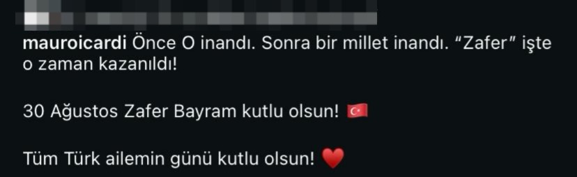 Paylaşımında, "Önce O inandı. Sonra bir millet inandı. 'Zafer' işte o zaman kazanıldı! 30 Ağustos Zafer Bayramı kutlu olsun! Tüm Türk ailemin günü kutlu olsun!" ifadelerine yerdi.