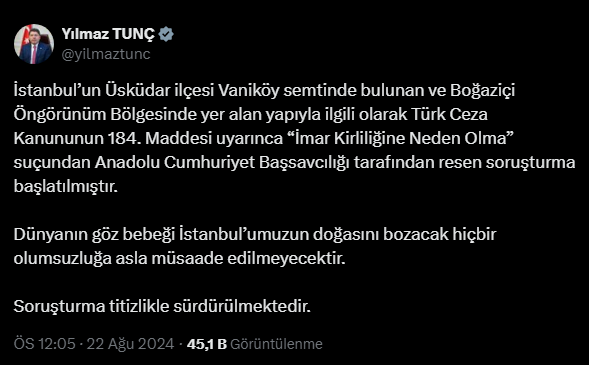 Yılmaz Tunç: Soruşturma titizlikle sürdürülmektedir