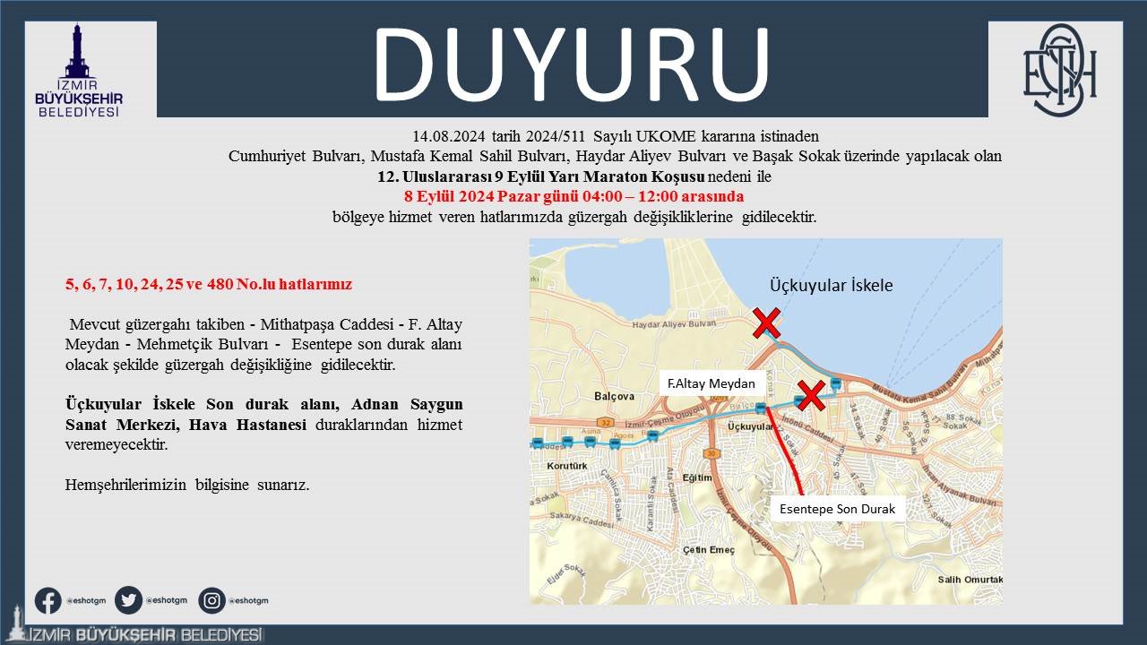 Hizmet verilmeyecek duraklar: Ata, Sera, Beşyol, Başak, İnciraltı, İnciraltı Park ve İnciraltı Yeni Son Durak. 5, 6, 7, 10, 24, 25 ve 480 numaralı hatlar: Mithatpaşa Caddesi - Fahrettin Altay Meydanı - Mehmetçik Bulvarı - Esentepe Son Durak güzergahında çalışacak.