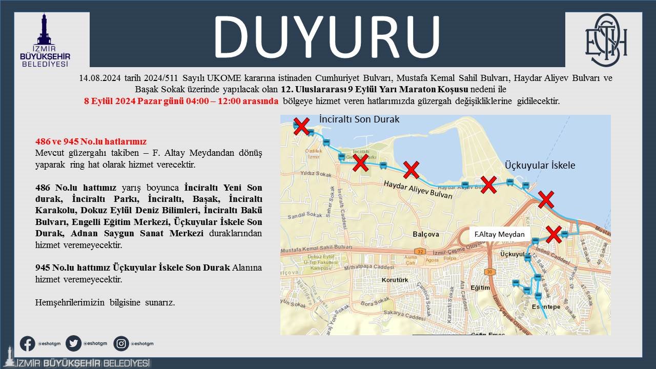 486 ve 945 numaralı hatlar: 486 ve 945 numaralı otobüs hatları mevcut güzergahları takip ederek Fahrettin Altay Meydanı’ndan dönüş yaparak ring hat olarak hizmet verecek.