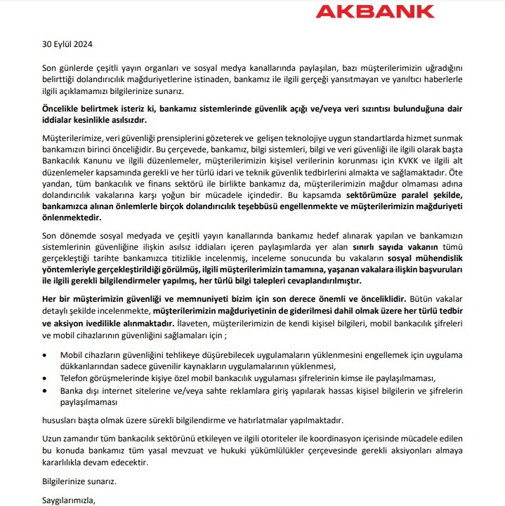 Akbank'ın resmi açıklaması şu şekilde;