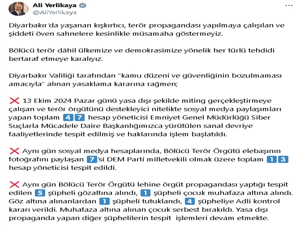 Ali Yerlikaya: 36 ilde bölücü terör örgütü üyesi 269 şüpheli yakalandı