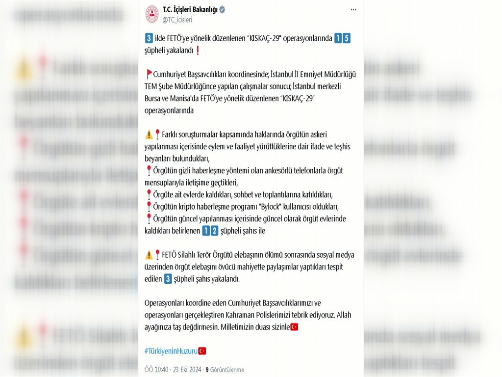 İçişleri Bakanlığı, İstanbul merkezli Bursa ve Manisa'da FETÖ'ye yönelik 'Kıskaç-29' operasyonlarında 15 şüphelinin yakalandığını açıkladı.