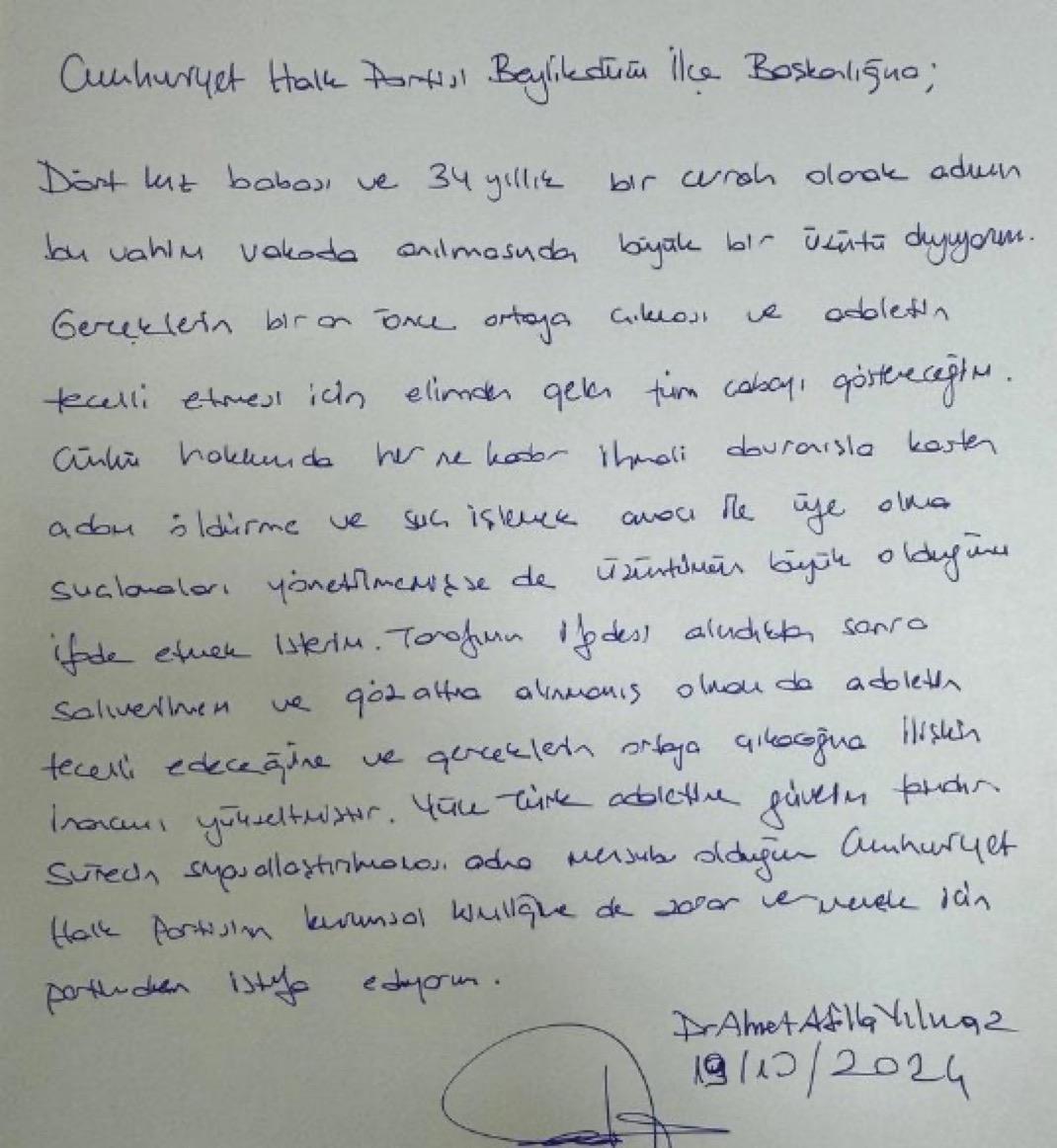 İşte Yılmaz'ın istifa dilekçesi;