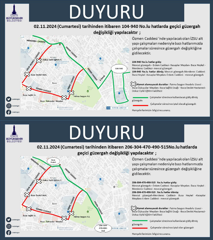 ESHOT'un oluşturduğu alternatif güzergahlar şu şekilde