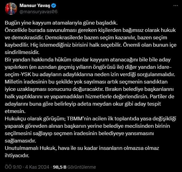 Mansur Yavaş: Bugün yine kayyum atamalarıyla güne başladık