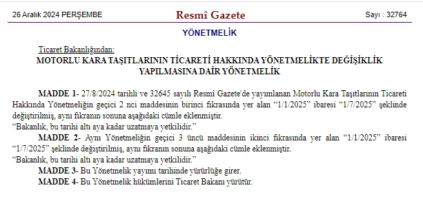 Resmi Gazete'de ikinci el araç satışı