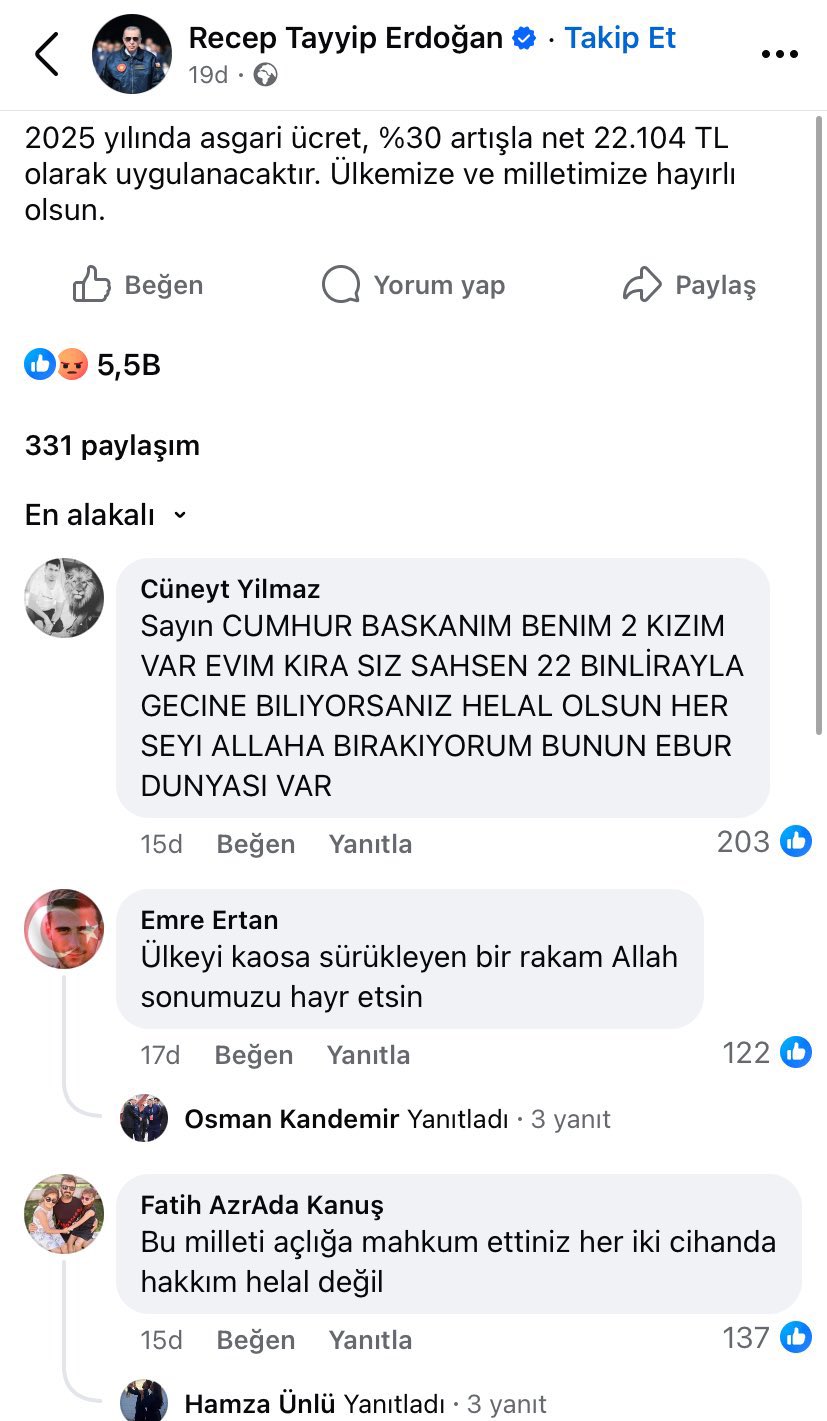 Erdoğan Asgari Ücret Tepki