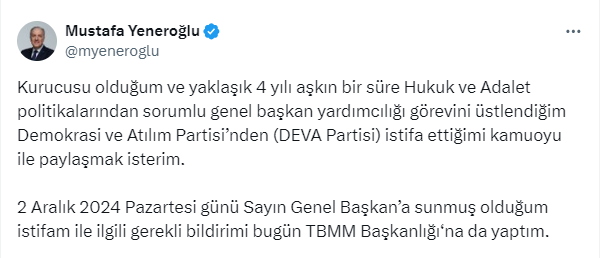 Yeneroğlu istifasını sosyal medyadan duyurdu