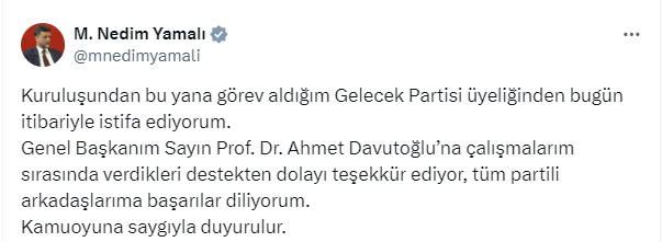 Nedim Yamalı'nın istifa açıklaması