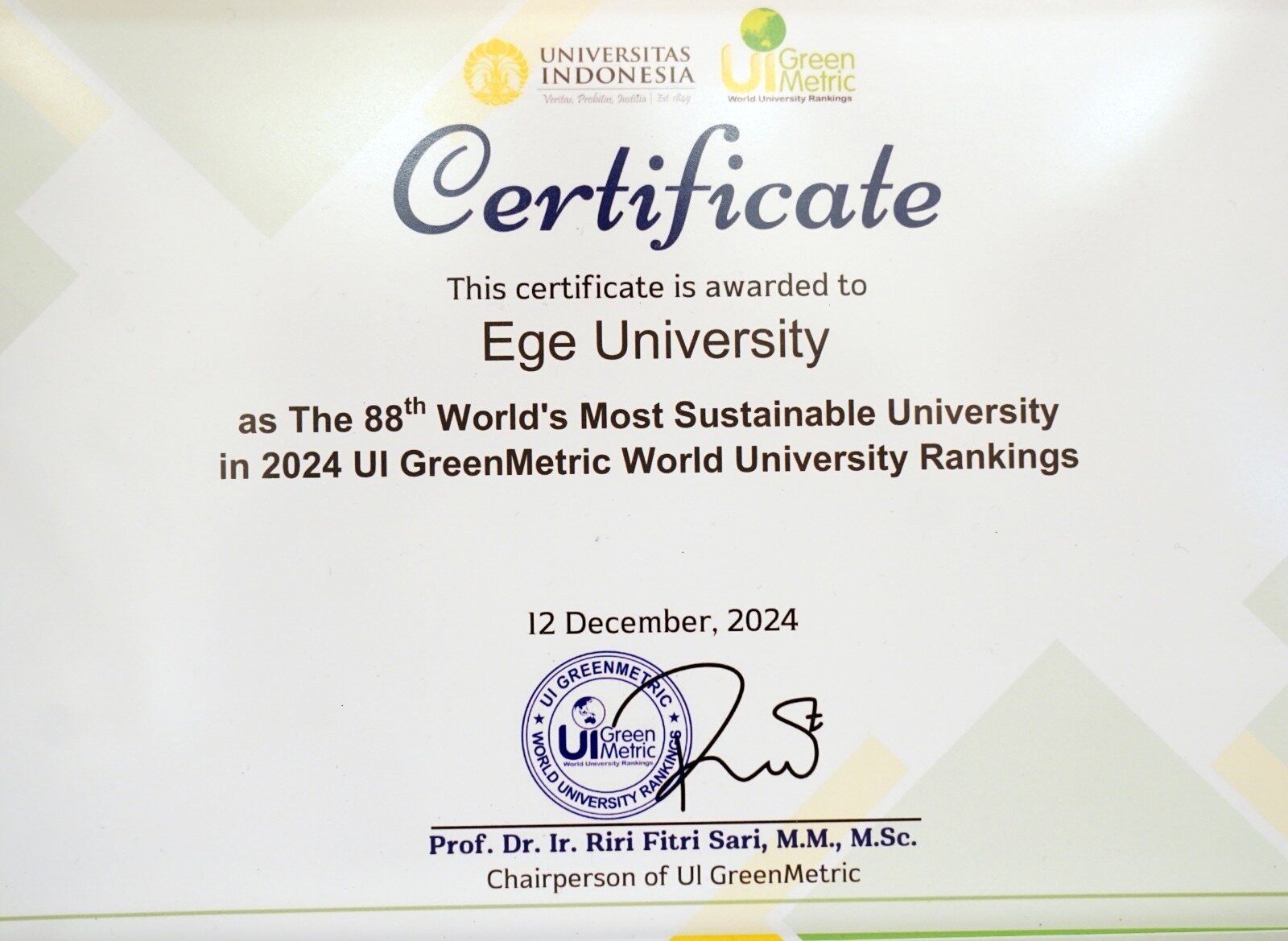 Dünya Yeşil Üniversiteler sertifikası