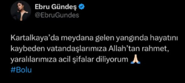 Ebru Gündeş: Kartalkaya’da meydana gelen yangında hayatını kaybeden vatandaşlarımıza Allah’tan rahmet, yaralılarımıza acil şifalar diliyorum.