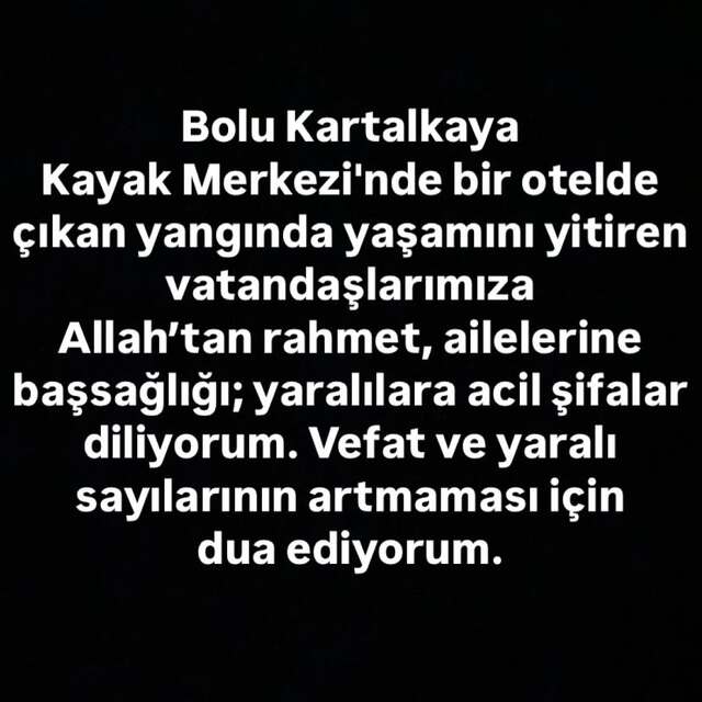 Erol Evgin: Bolu Kartalkaya Kayak Merkezi'nde bir otelde çıkan yangında yaşamını yitiren vatandaşlarımıza Allah'tan rahmet, ailelerine baş sağlığı; yaralılara acil şifalar diliyorum. Vefat ve yaralı sayılarının artmaması için dua ediyorum.