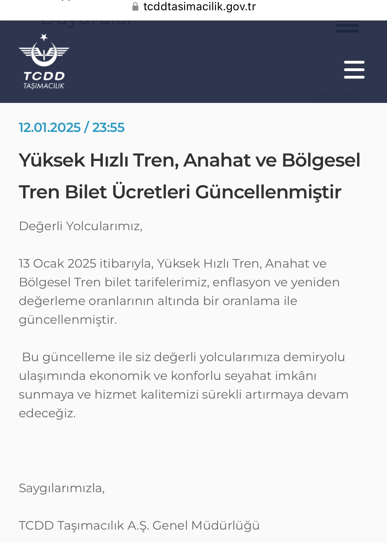 YHT zam yağmuru