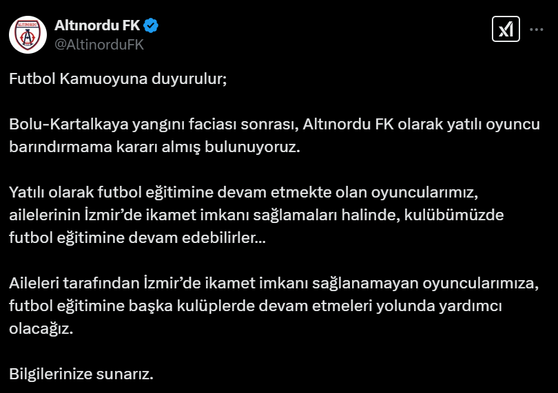 Altınordu FK'dan resmi açıklama