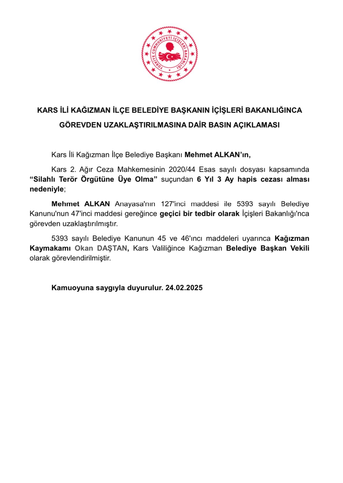 İçişleri Bakanlığı duyuru