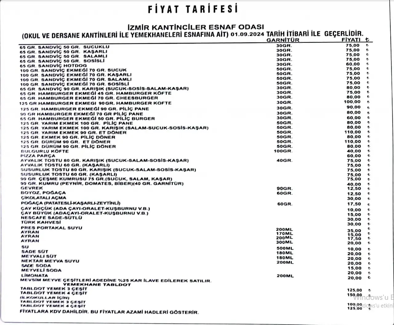 İzmir Kantinciler Odası Taban Fiyat Listesi