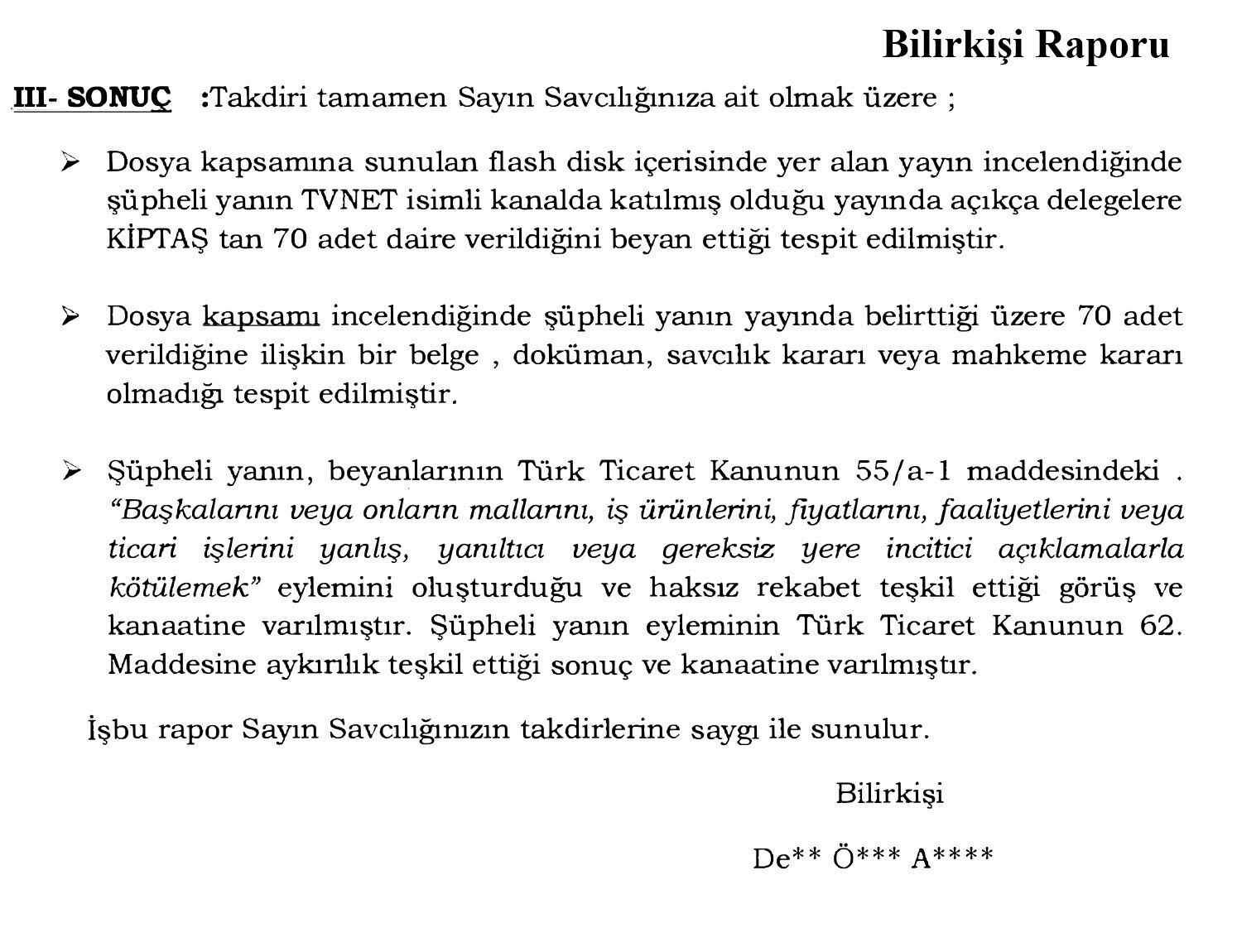 KİPTAŞ bilirkişi raporu