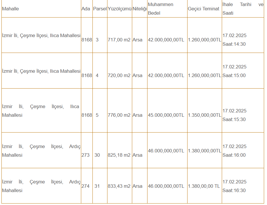 Çeşme Belediyesi satış listesi