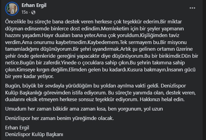 Ergil'in duygusal veda mesajı 