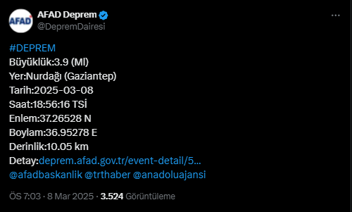 Gaziantep Nurdapı Deprem Afad